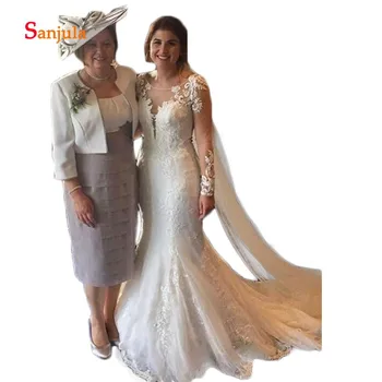 

Sheath Satin Mother of the Bride Dress with 3/4 Sleeve Jacket Pleats Knee Length Elegant Groom Mother Dress vestido novia D246