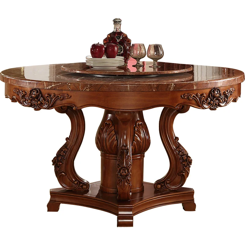 European Style Solid Wood Carved Round Marble Table With 6 Chairs