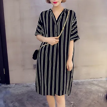 

Fashion Striped Dress Women V Neck 2018 Short Sleeve Print Stripe Loose Dress Beach Cotton Femme Vestidos Plus Size 5XL