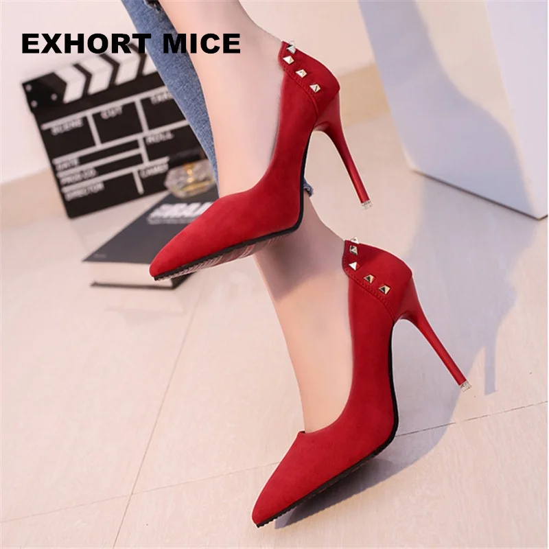 

2018 Women Shoes Pointed Toe Pumps Suede Leisure Dress Shoes High Heels Boat Wedding tenis feminino Rivet 10cm