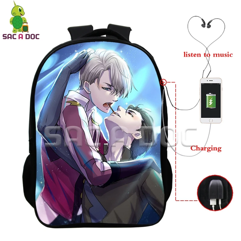 

Yuri on Ice Victor Yuri Multifunction Travel Bags USB Charging Headphone Jack School Bags for Teenagers Daily Laptop Backpack