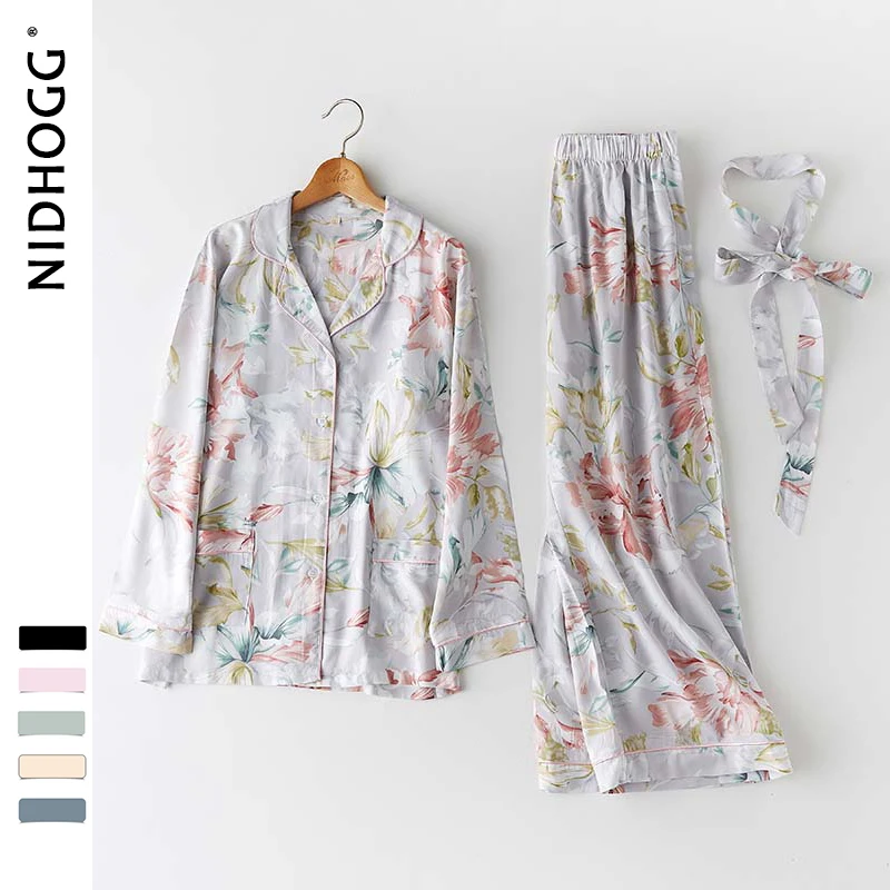 

Spring New Japanese Flower Printing Sleepwear Long Sleeve Turn-down Collar Satin Pajamas Womens Luxury Sexy 2 Piece Home Clothes