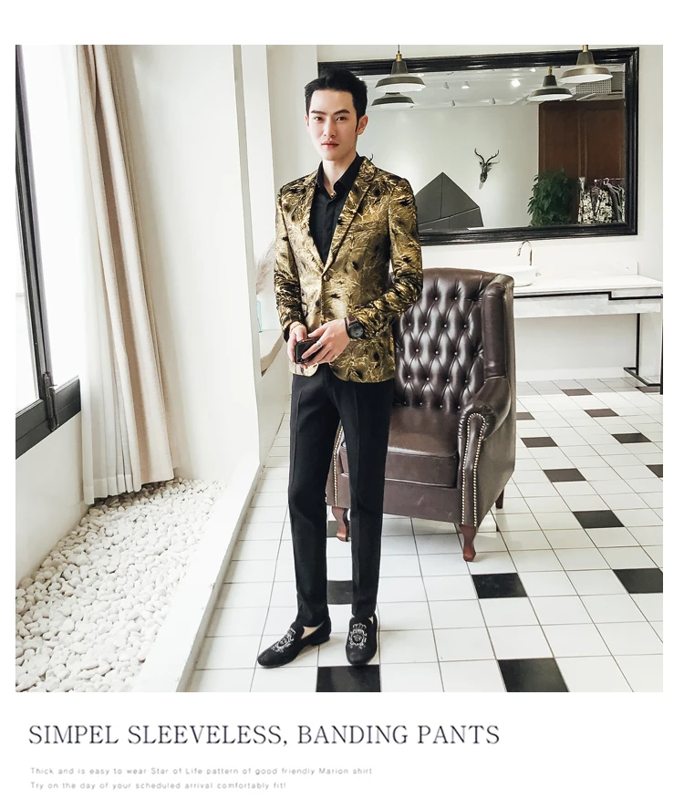 Золото Пиджаки мужские пиджак Slim Fit Мода Этап одежда Americana Hombre клуб наряды пиджак мужской Повседневное 5XL Smart