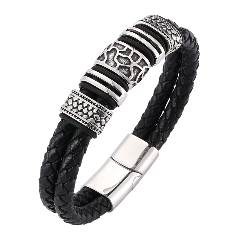 

Punk Men Genuine Double Braided Leather Bracelet Titanium Stainless Steel Bracelets Jewelry For Male Fashion Gift BB0086