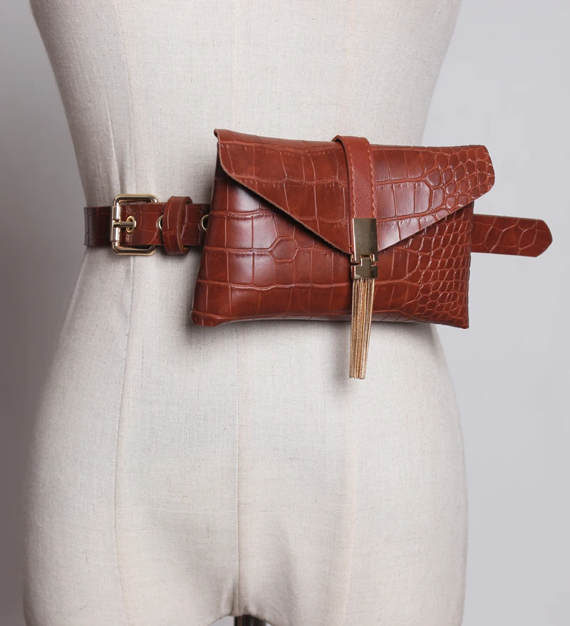 

High quality crocodile women pockets fashion soft leather mini mobile phone bag belt tassel coin purse decorative dress heuptas