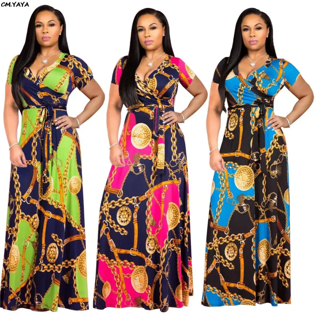 

2019 new women short sleeve v-neck chain vintage print short sleeve high waist maxi dress bohemian beach dresses vetidos X9120