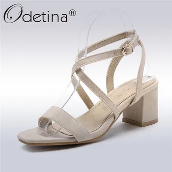 

Odetina New Fashion Women Sandals Comfortable Thick High Heels Square Open Toe Cross Strap Elegant Summer Shoes Plus Szie 31-46