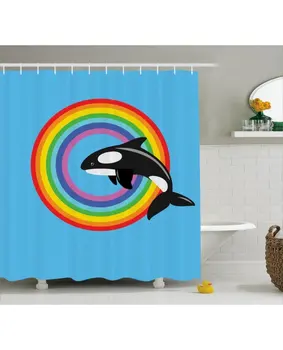 

Animal Shower Curtain Rainbow Round And Whale Print For Bathroom Waterproof And mildew resistant Set Hooks