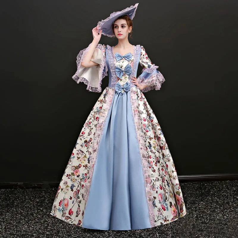 Длинное вечернее платье Marie Antoinette светло синее с квадратным воротником рукавом
