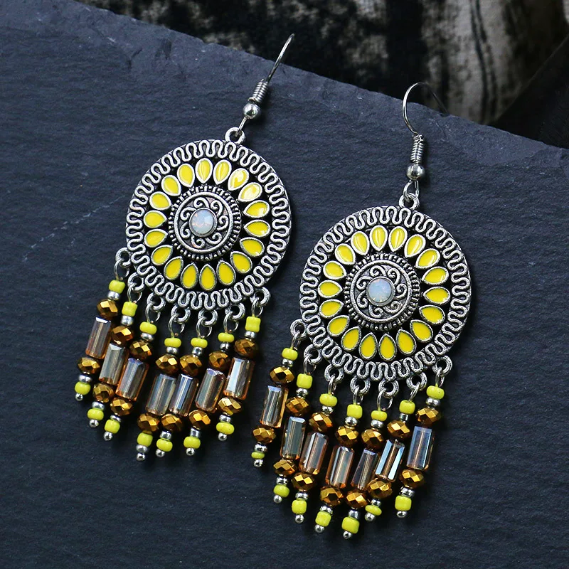 

Boho Dangle Earrings Hanging Women Bohemian Hoop Statement Drop Tassel Earrings Metal Round Earrings Vintage Jewelry Fashion