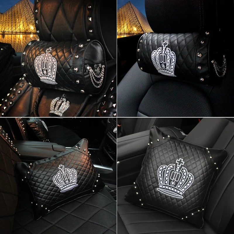 

Cool Punk Rivet Crown Car Headrest Neck Pillow Diamond Leather Car Supports Lumbar Pillows Supplies Auto Interior Accessories