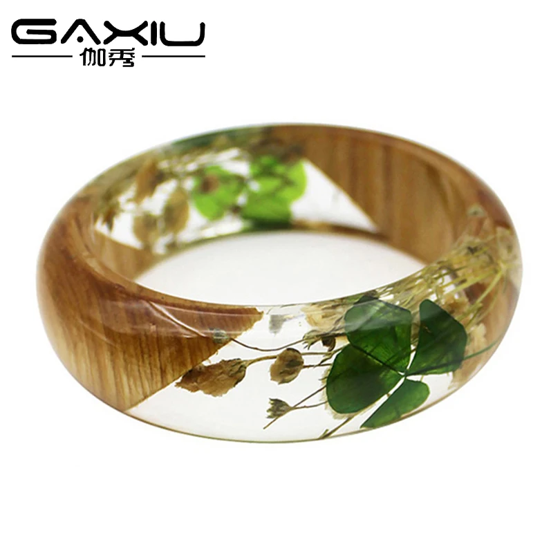 

Wood Resin Dried Flower Bangle & Bracelet For Women Transparent Vintage Cuff Bracelet Nature Plant Female Charm Jewelry Gift