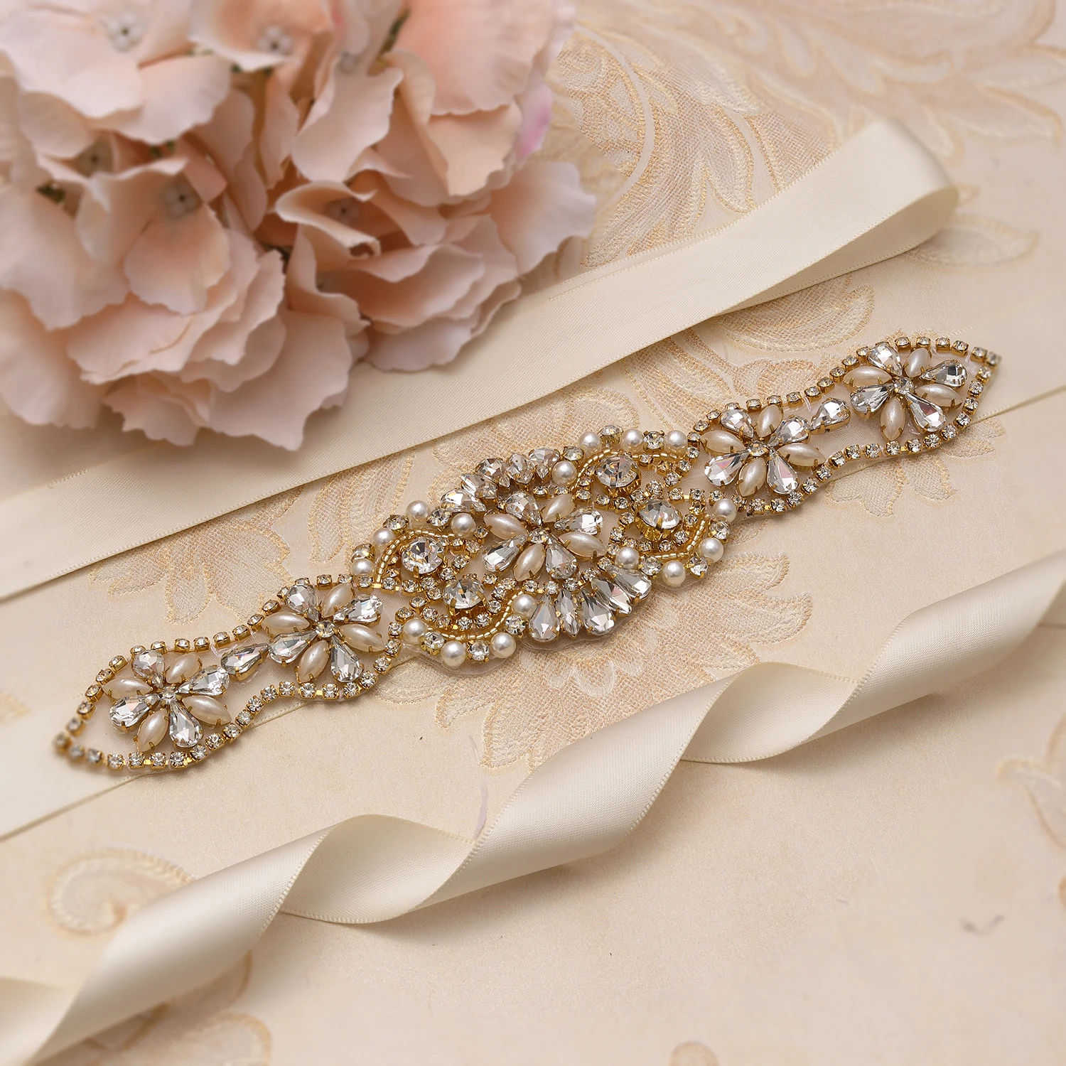 

MissRDress Handmade Pearls Wedding Belt Rhinestones Bridal Belt Gold Crystal Flower Wedding Sash For Bridal Gown JK888