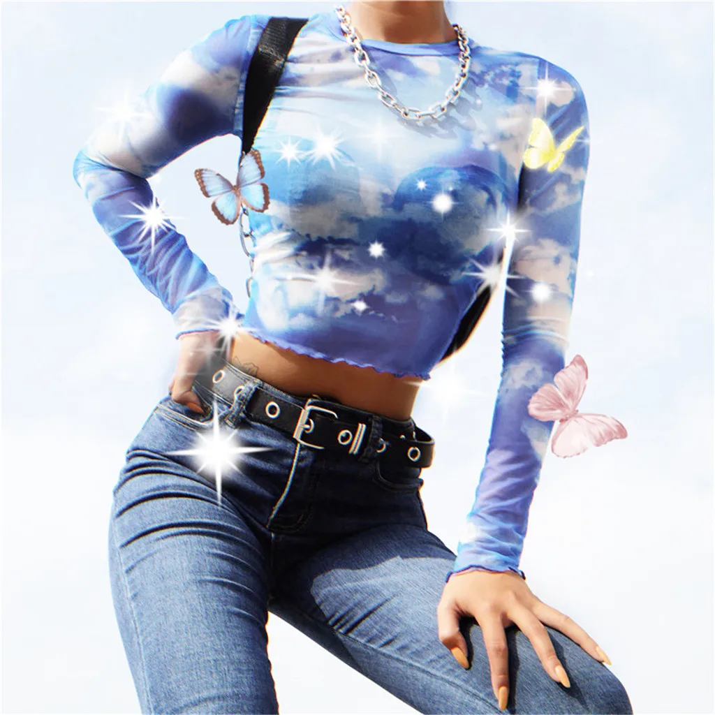 

Fashion Women T-shirt Sexy Party Polyester Casual Long Sleeve Blue Sky And White Clouds Printed Mesh Short Top Femininas