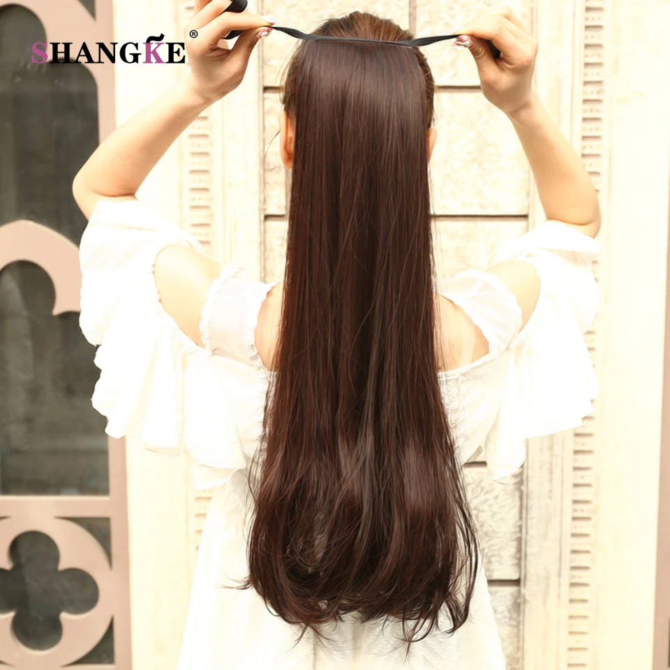  SHANGKE Long Curly Synthetic Ponytail Clip In Ponytail Claw Drawstring Ponytail Heat Resistant Clip