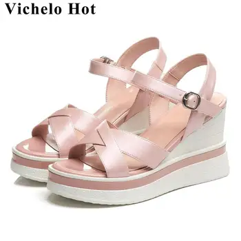 

Vichelo Hot new design buckle strap peep round toe wedges high heels women sandals large size office lady dress party shoes L12