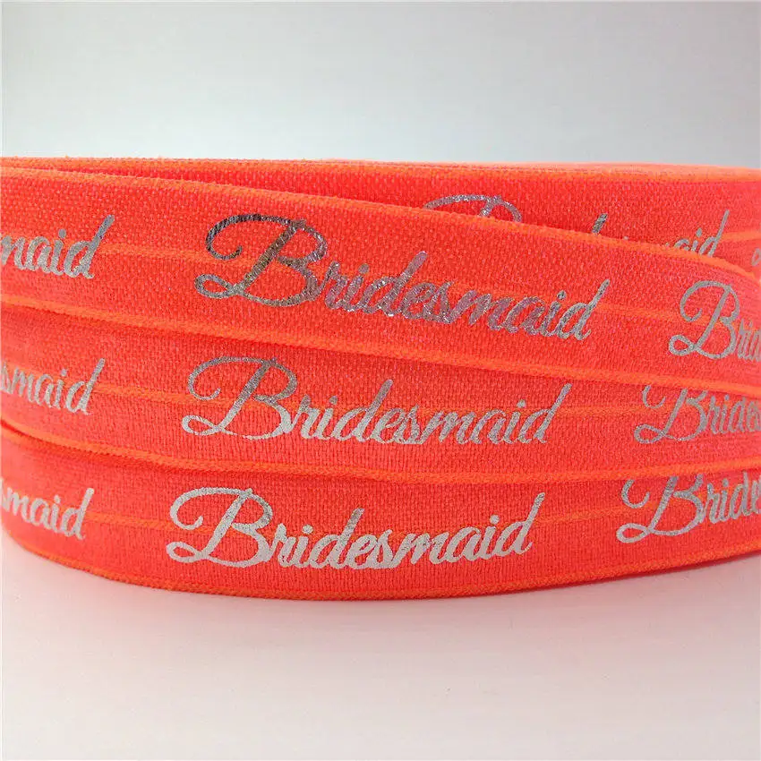 5/8"(5 yards/lot) Gold/Silver Bridesmaid Print Fold Over Elastics FOE Stretch Band Wedding Decor Party accessories - Color: GS259 Orange-Silver