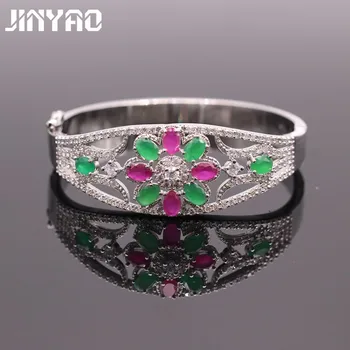 

JINYAO Luxury Jewelry Flower Natural Green Red Zircon White Gold Color Bracelet Bangle For Women Diameter 55mm 2colors