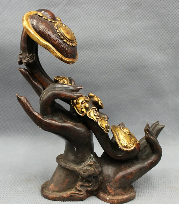 

song voge gem S2900 9" Famous Chinese Bronze Folk Buddhism Lotus Kwan-Yin Buddha Hand Statue RuYi