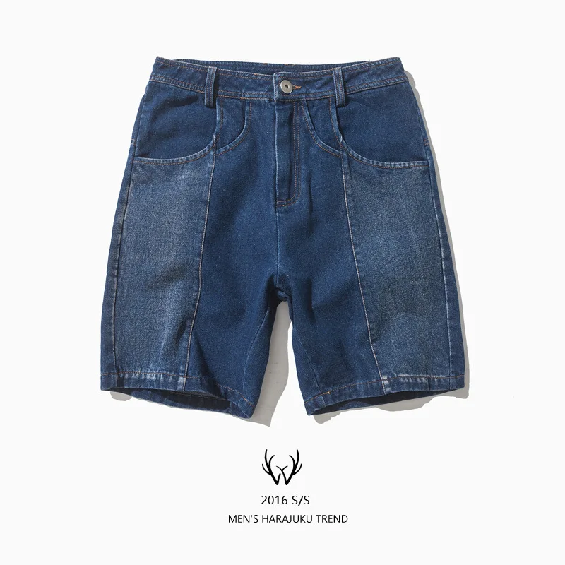 Jeans male summer brief the trend of street fashion color block decoration water wash denim shorts