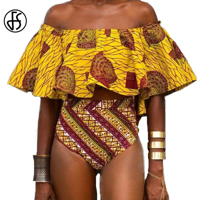 

FS Sexy Strapless Bikinis Set Ruffled Off Shoulder Biquini African Print Swimsuit High Waist Swimwear Women Beach Bathing Suits