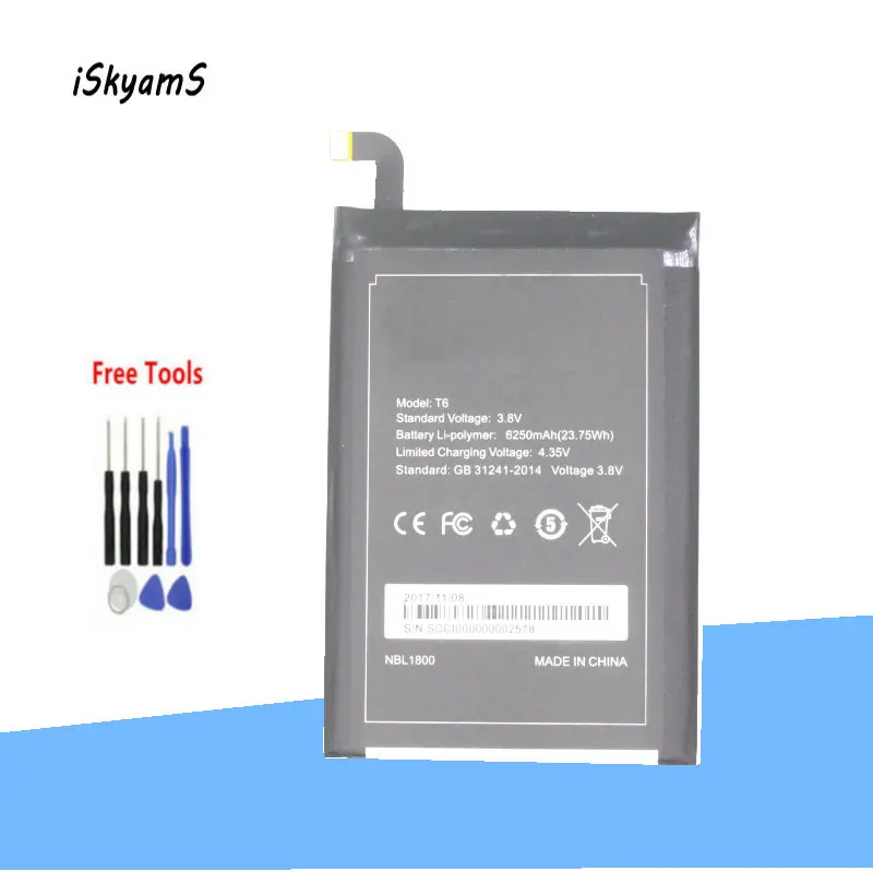 

iSkyamS 1x 6250mAh T6 HT6 Replacement Li-Polymer Battery For Homtom HT6 & DOOGEE T6 T6 PRO Smart Mobile Cell Phone Battery +Tool