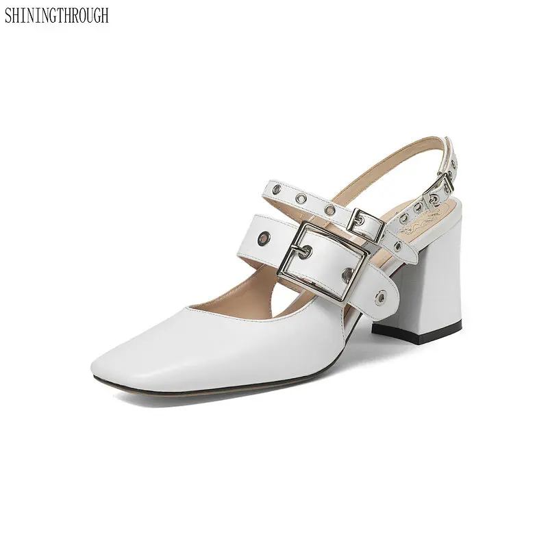 

2018 Elegant Sandals Womens Genuine Leather Chunky Square Heel Gladiator Rome Ankle Strap Sandals Shoes Woman