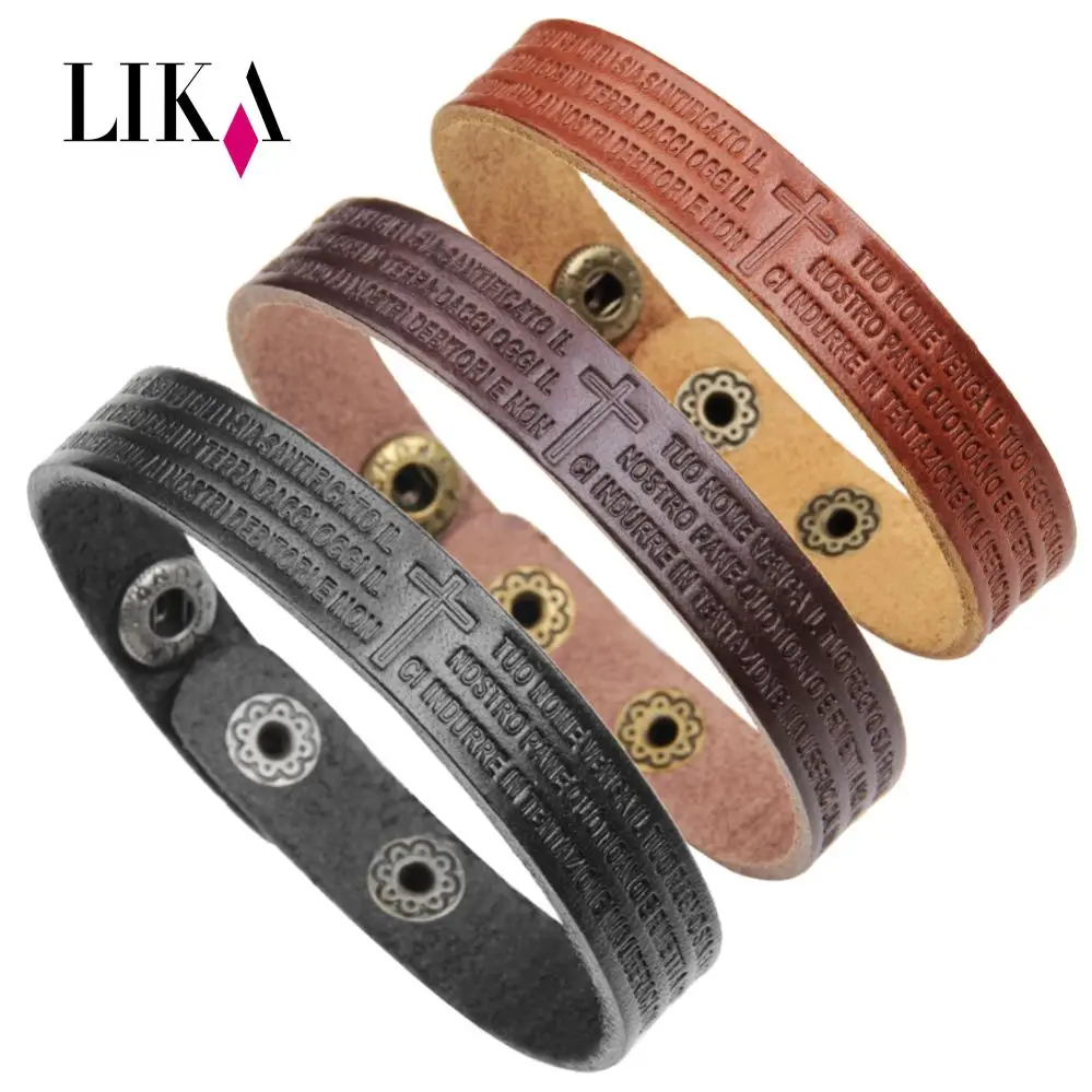 

LIKA Ltalian Poetry In The Name Of The Father Genuine Leather Bracelet Vintage Punk Unisex Jewelry Black Men's Bracelets&Bangles