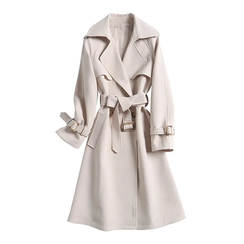 

2019 Fashion High end Women Long Trench Coat Autumn New Double Breasted Casual Coats Rice white Outwear Female Spring V656
