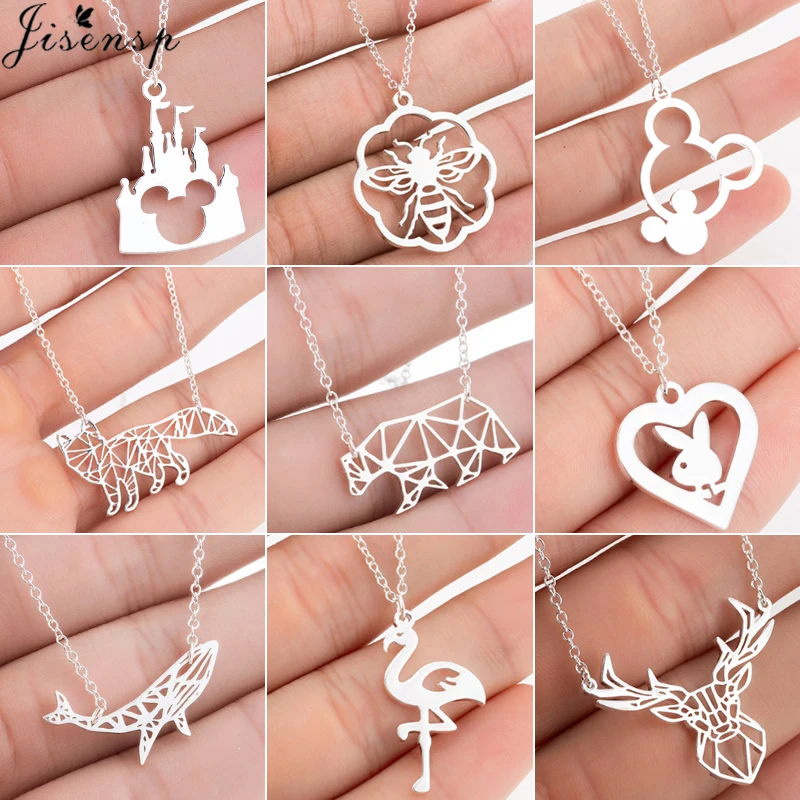 

Jisensp Cute Bear Whale Fox Pendants Womens Necklace Stainless Steel Jewelry Mouse Animal Mickey Necklaces Collier naszyjnik