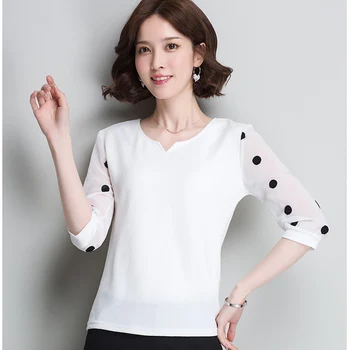 

Cool Summer Lady White Chiffon Blouses Size S-2XL Black Polka Dot Printed Women Casual Patchwork Shirts