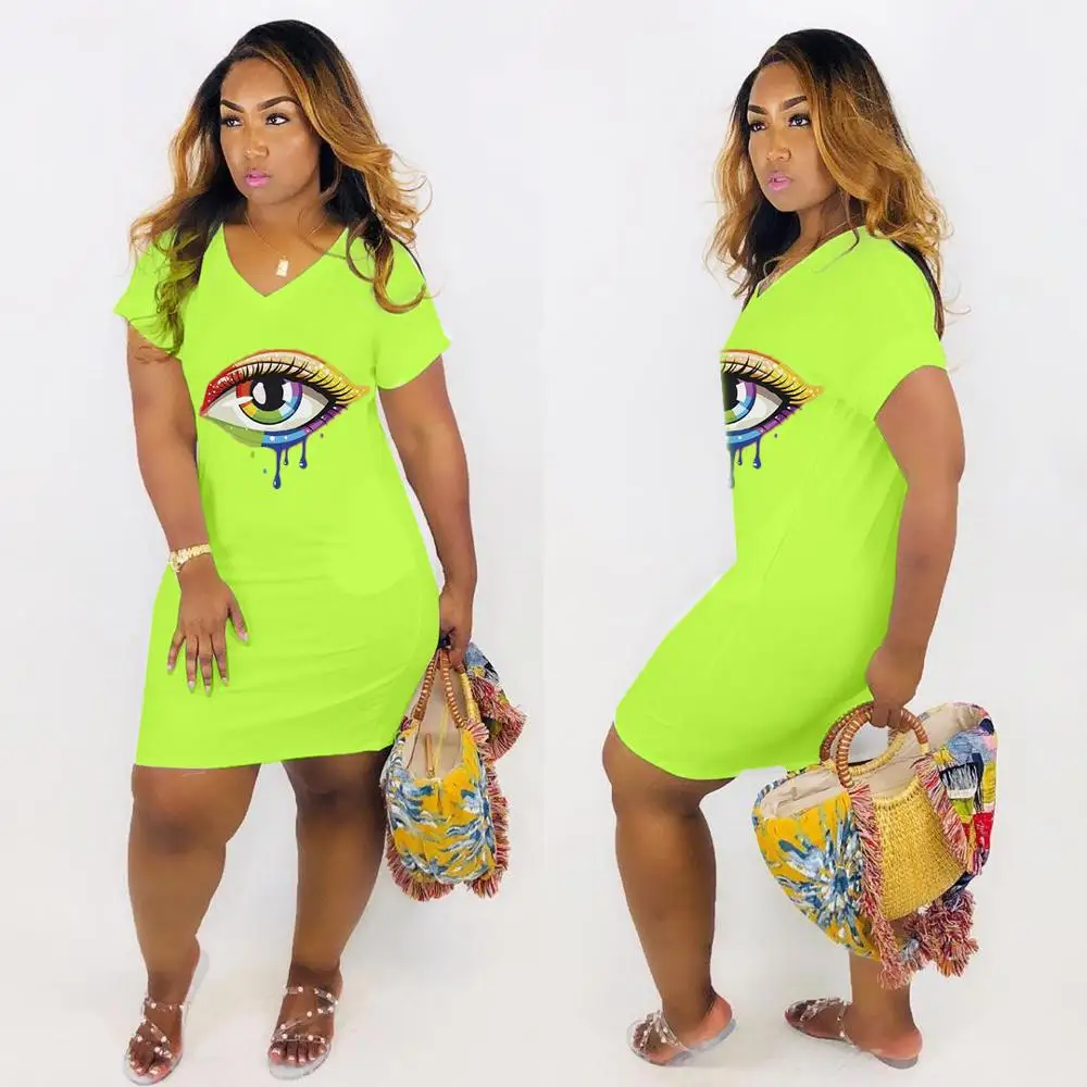 

S-XXL 3XL Plus Size Summer Women Casual V Neck Big Eyes Printed Short Sleeve Dresses
