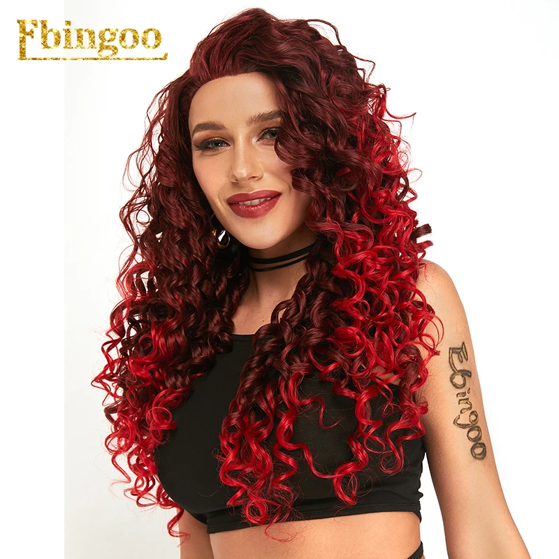 

Ebingoo Long Afro Kinky Curly Synthetic Lace Front Wigs Two Tone Ombre Red Wig with Widow Peak Heat Resistant Fiber for Women