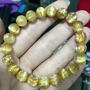 

9mm Genuine Natural Gold Rutilated Quartz Titanium Bracelet From Brazil Crystal Round Bead Anniversary Gift Healing Stone Bangle