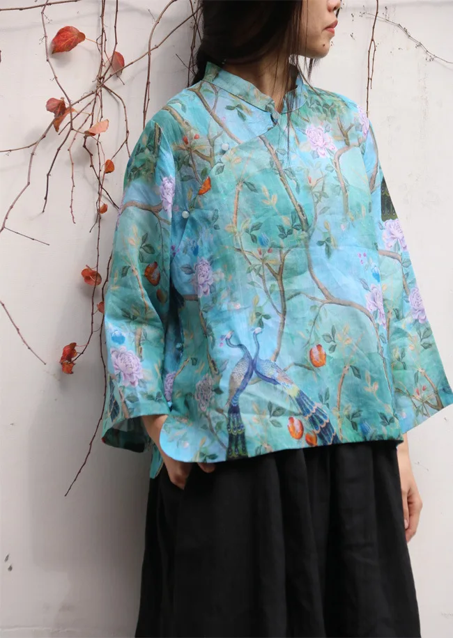 

Summer New Vintage Floral Peacock Print Stand Collar Beads Button Linen Shirt, Traditional Elegant Ladies Loose Tea Wear Blouses