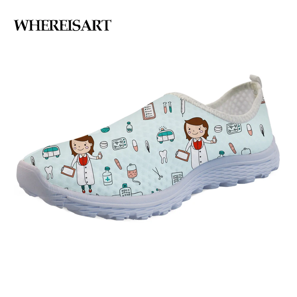 

WHEREISART 2019 New Cartoon Nurse Print Flats Women Shoe Summer Nurses Sneakers Casual Shoes Mesh Slip-on Loafers Zapatos Mujer