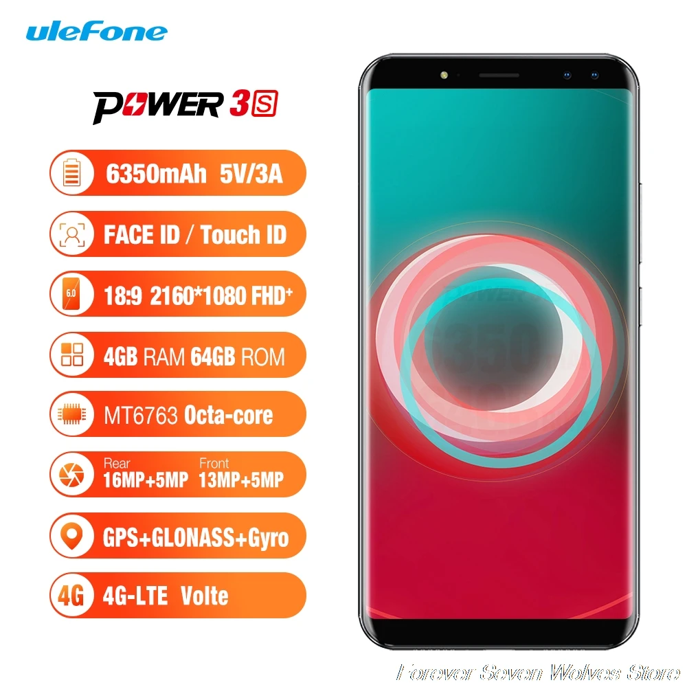 

Ulefone Power 3S 6.0" 18:9 FHD+ Mobile Phone MTK6763 Octa Core Android 7.1 4GB+64GB 16MP 4 Camera 6350mAh Face ID 4G Smartphone