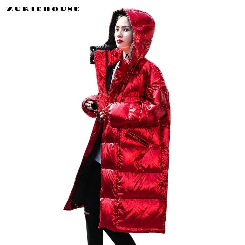 

ZURICHOUSE Glossy Winter Jacket Women Long Hooded Thick Warm Down Padded Parka Female Bright Metal Red Puffer Jackets Ladies