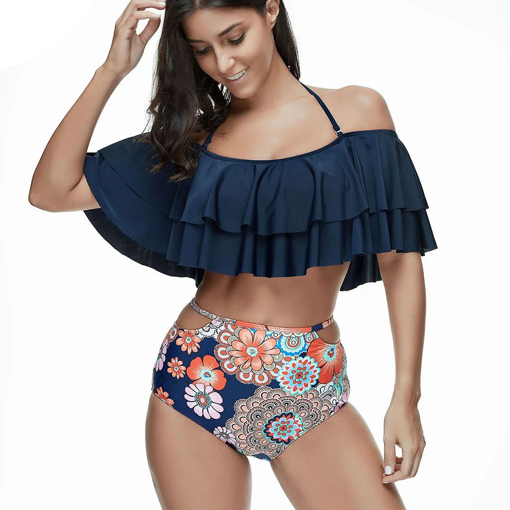 

2019 Bikins Women Swimwear Push Up Swimsuit Double Ruffle Bikini Set Plus Size Bathing Suit Solid Print Swim Wear Beach Female