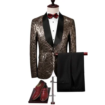 

Men Suit 2019 Slim Fit Black Gold Tuxedo Jacket Luxury Brand Mens Stage Wear 4XL Fashion Designer Prom Suits