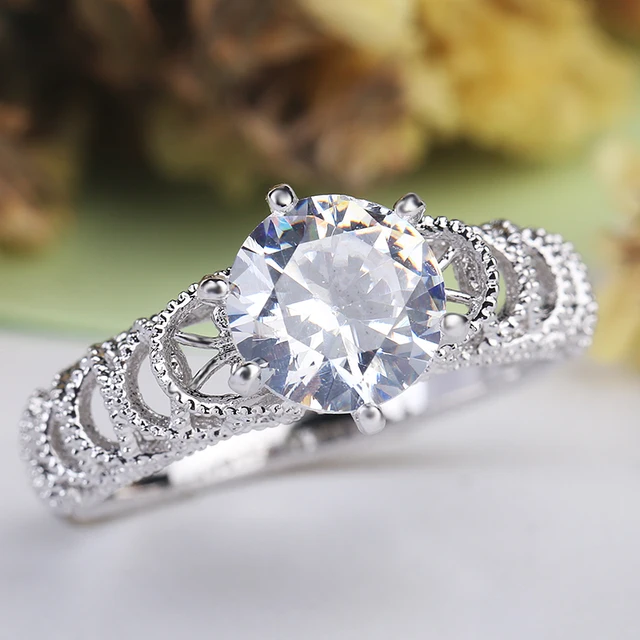 White Silver Color Round Crystal Ring Inlay AAA Cubic Zirconia Engagement Rings for Women Party Jewelry Gift anillos mujer