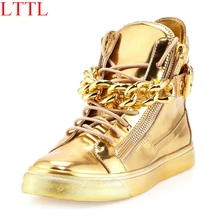 Real Pics Gold/Silver Chains Lace-Up High Top Men Shoes Metal Plated Leather Unisex Flats Reflected Mirror Leather Casual Shoes