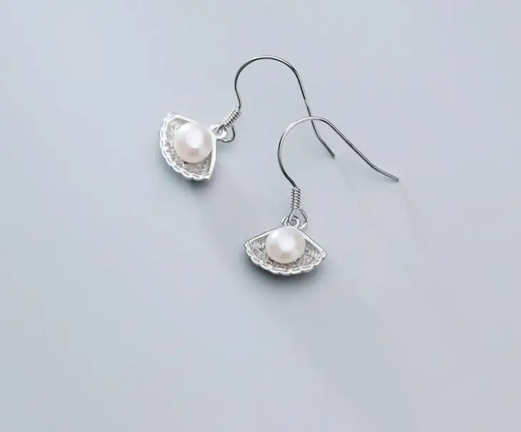 

Real. 925 Sterling Silver jewelry Shell Pearl conch shape Hook Earrings GTLE2793