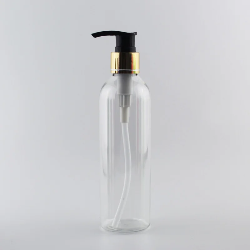 250 мл 25 шт. прозрачный пустая бутыль для косметики с золотой Алюминий колпачок для лосьона, шампуня контейнер с распылителем, косметическая упаковка - Цвет: Clear Bottle Black