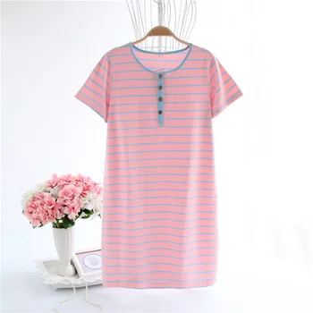 

Women's Nightgown Female Cotton Night Dress Button Top Homemade Dress Short Sleeve Night Gown Striped Nightie Sleeping Dress