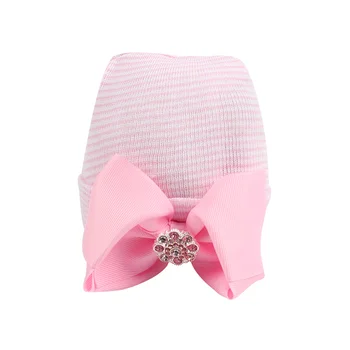 

Cute Bow Girls Hat Cotton Pink Baby Girl Caps Striped Tire Cap With Rhinestones Newborn Girl Beanies Spring Autumn Accessories