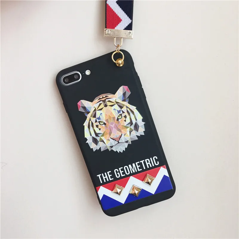 LUDI Hot Retro 3D Patterned Tiger Rabbit Stud Rivet Phone Case for iPhone 7 7Plus Wrist Strap Phone Bag for iPhone X 6 6s 8 Plus2