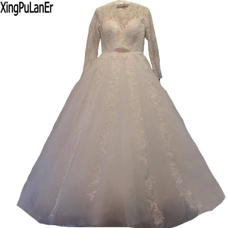 

Glamours XingPuLanEr vestido de noiva A Line Scoop Neck Long Sleeves Lace Appliques Beaded Waist Romantic Long Wedding Dress