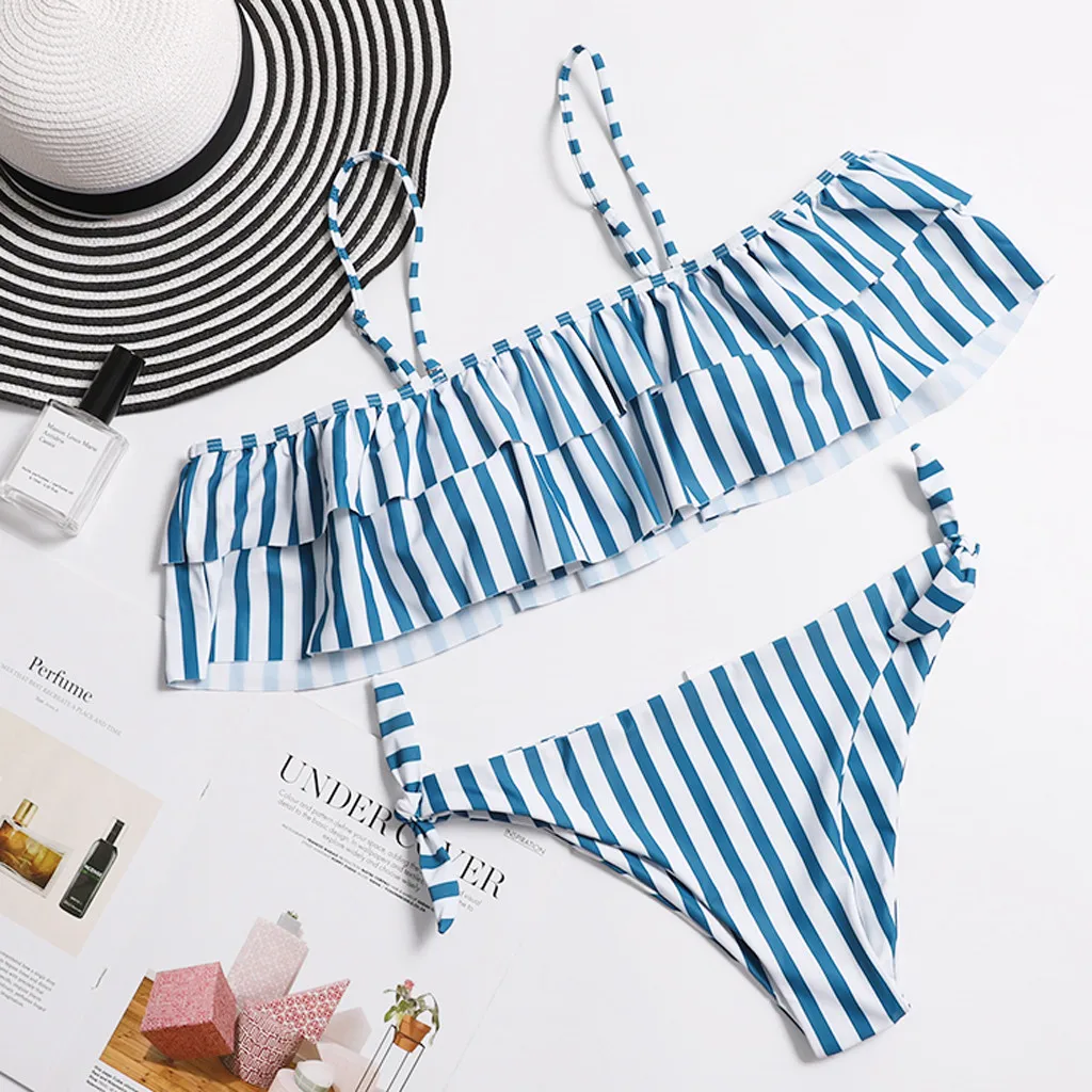 

Swimwear Women 2019 Sexy Off shoulder Lace Bikini Liner Bra Bathing Suit Beach Striped swimsuit Ruffle Monokini Swim Suit mayo