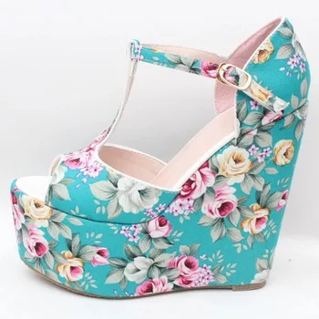 

ACILICI1905011 Retro Multicolor Slope with Flower Cloth T Word with Fish Mouth Buckle High Heels Shoes Women's Sandals